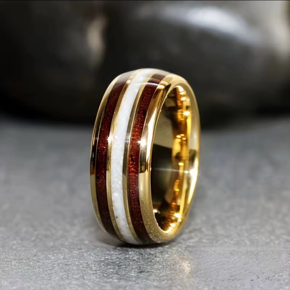 Hawaiian 8mm Wood Ring Blue Vintage Opal Stone Double Abalone
